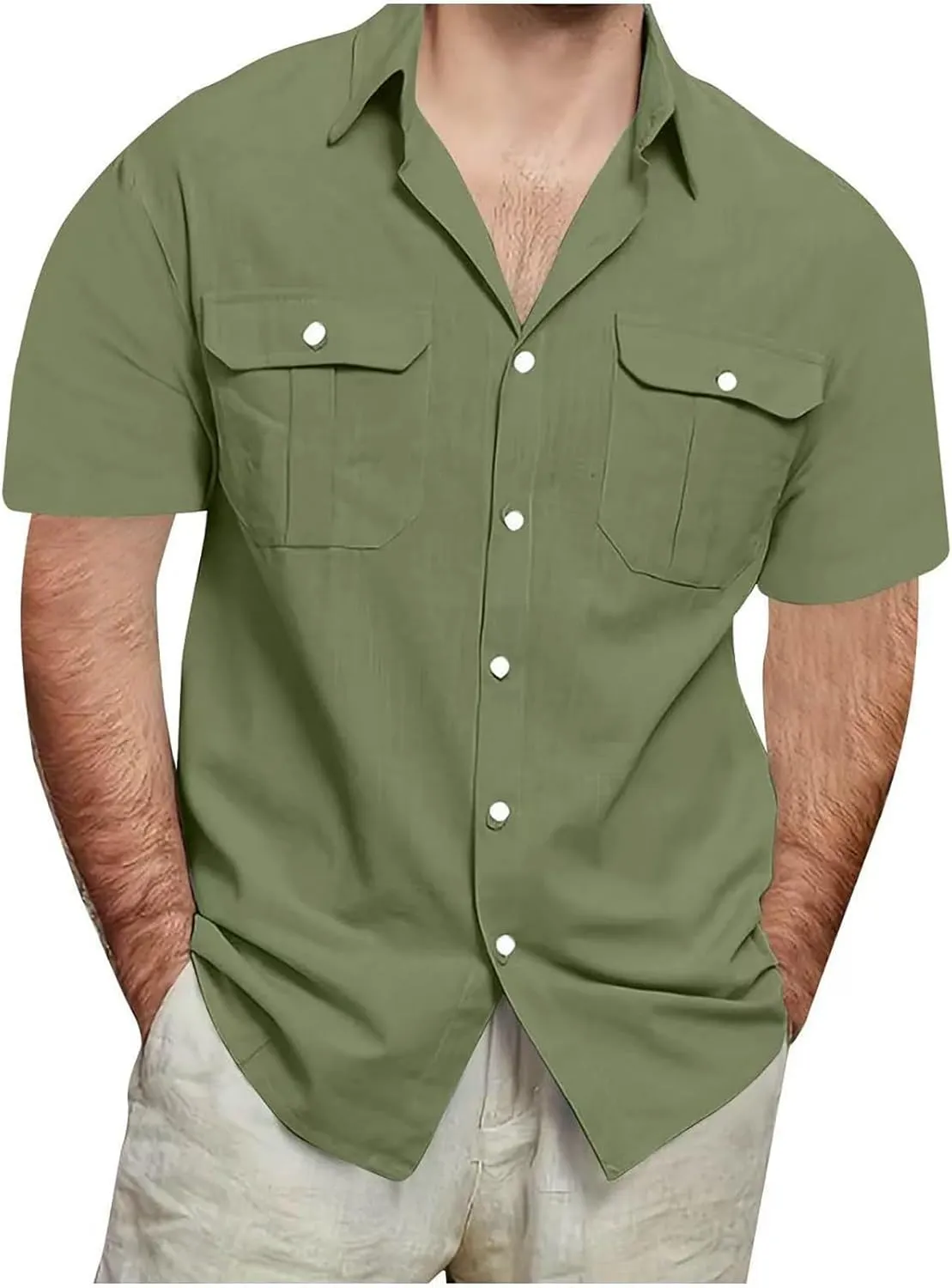 Men's Linen Shirts Casual Short Sleeve Button Down Cotton Shirt Lightweight Casual Summer Collared T-Shirt with Pocket