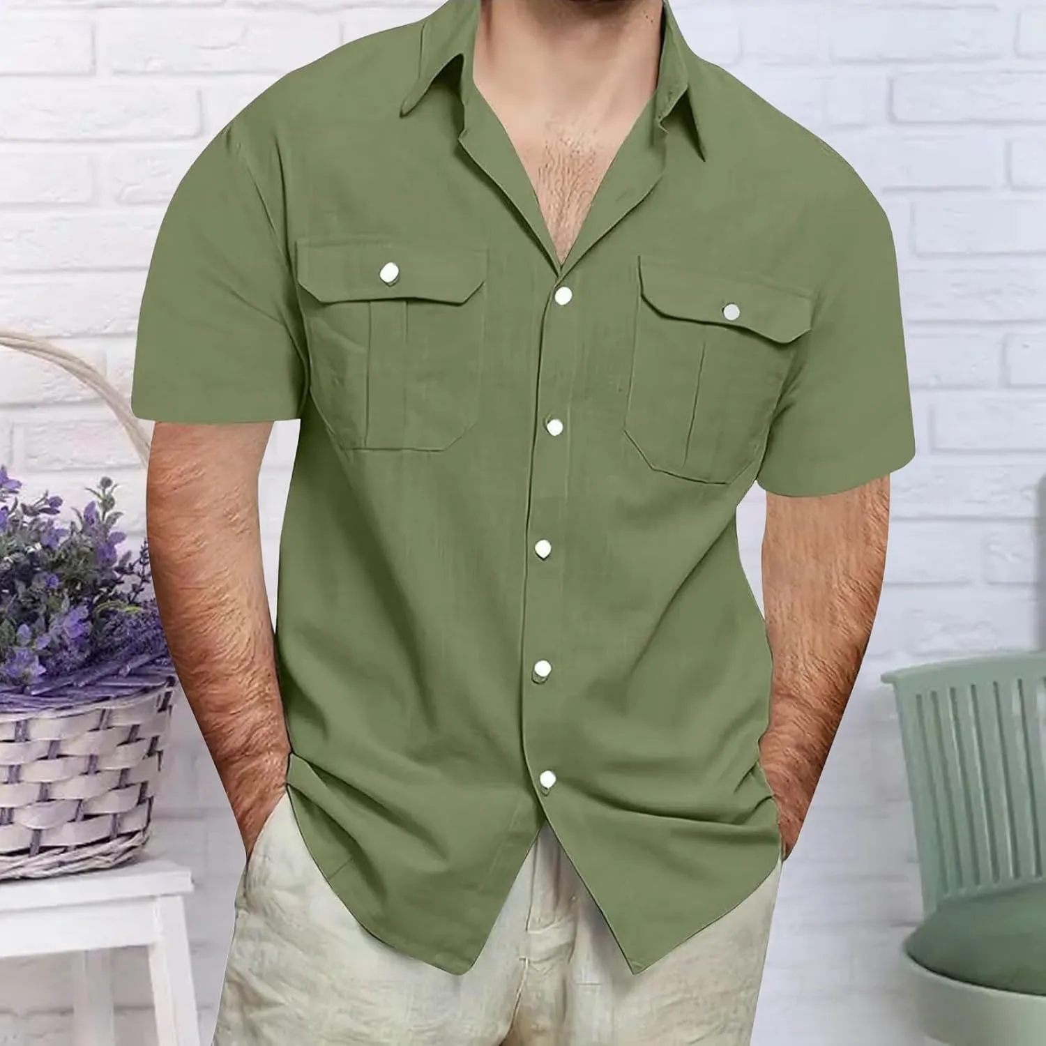 Men's Linen Shirts Casual Short Sleeve Button Down Cotton Shirt Lightweight Casual Summer Collared T-Shirt with Pocket