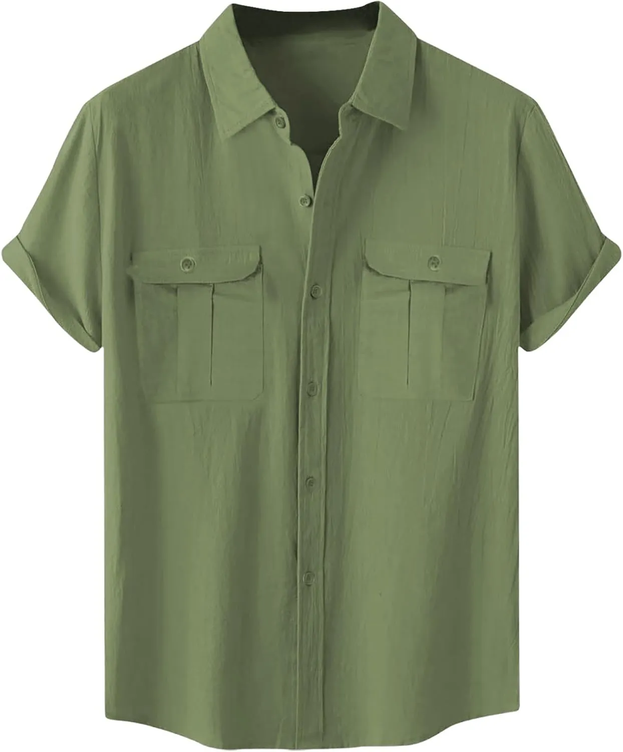Men's Linen Shirts Casual Short Sleeve Button Down Cotton Shirt Lightweight Casual Summer Collared T-Shirt with Pocket