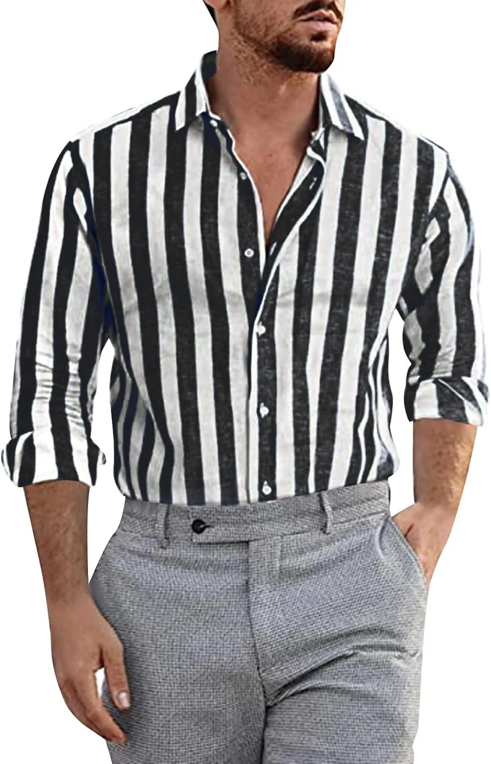 Mens Linen Shirts Summer Trendy Striped Color Block Short Sleeve Dress Shirt Business Office Button Down Work Blouse