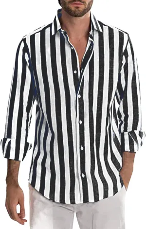 Mens Linen Shirts Summer Trendy Striped Color Block Short Sleeve Dress Shirt Business Office Button Down Work Blouse