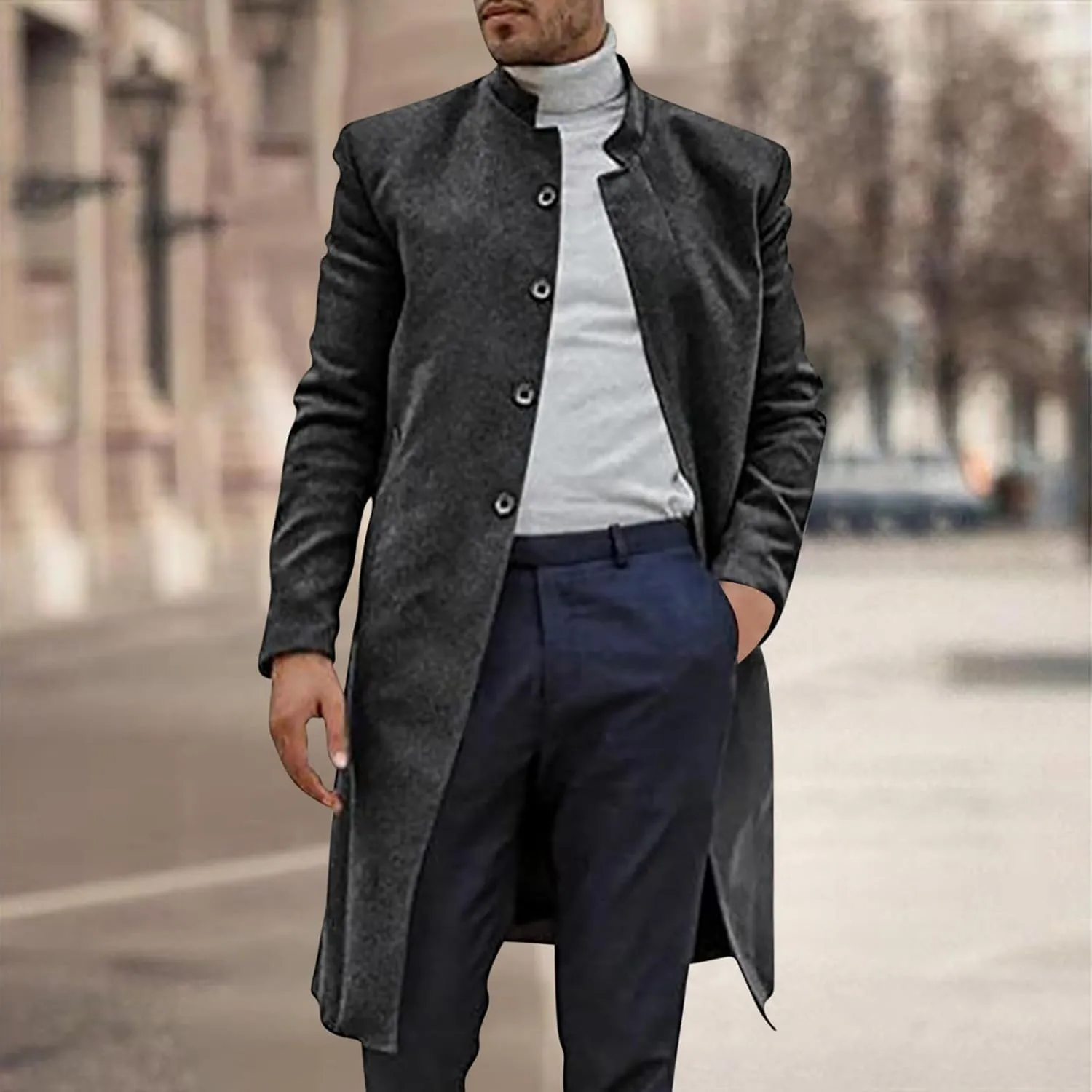 Mens Mid Length Trench Coat Single Breasted Wool Overcoat Stand Collar Peacoat Casual Open Front Cardigan with Pockets