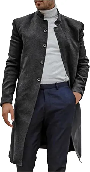 Mens Mid Length Trench Coat Single Breasted Wool Overcoat Stand Collar Peacoat Casual Open Front Cardigan with Pockets