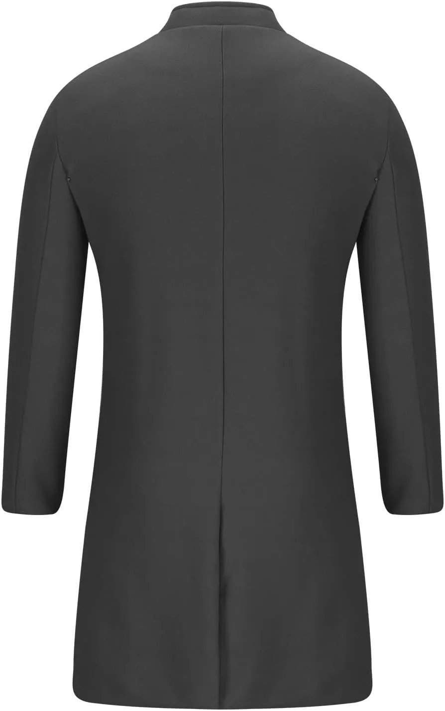 Mens Mid Length Trench Coat Single Breasted Wool Overcoat Stand Collar Peacoat Casual Open Front Cardigan with Pockets