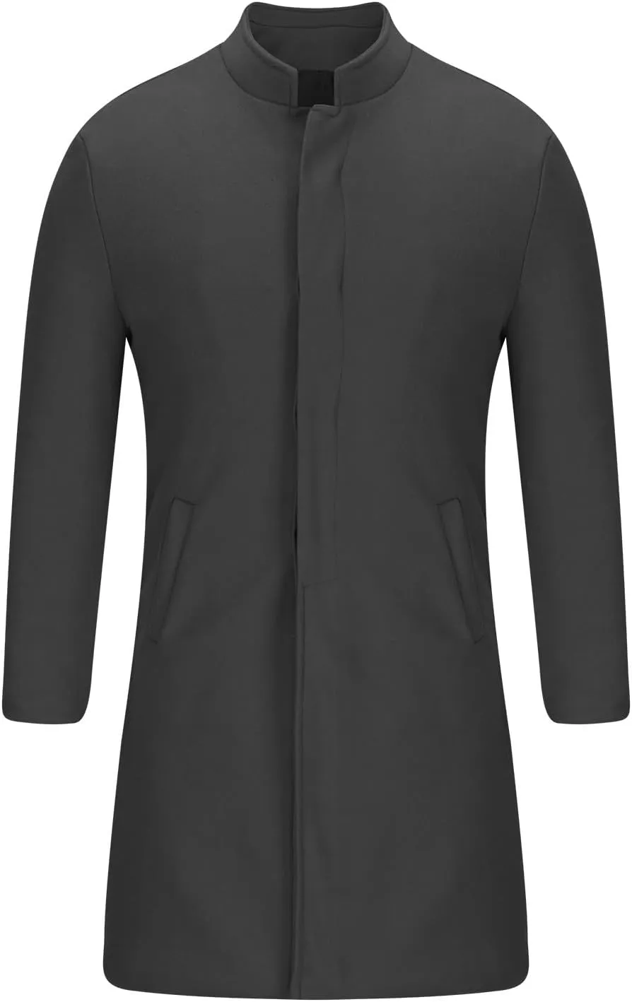 Mens Mid Length Trench Coat Single Breasted Wool Overcoat Stand Collar Peacoat Casual Open Front Cardigan with Pockets
