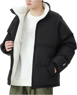 Mens Puffer Jacket Fleece Lined Down Coat Stand Collar Quilted Jacket Padded Insulated Coat Plus Size Winter Jacket
