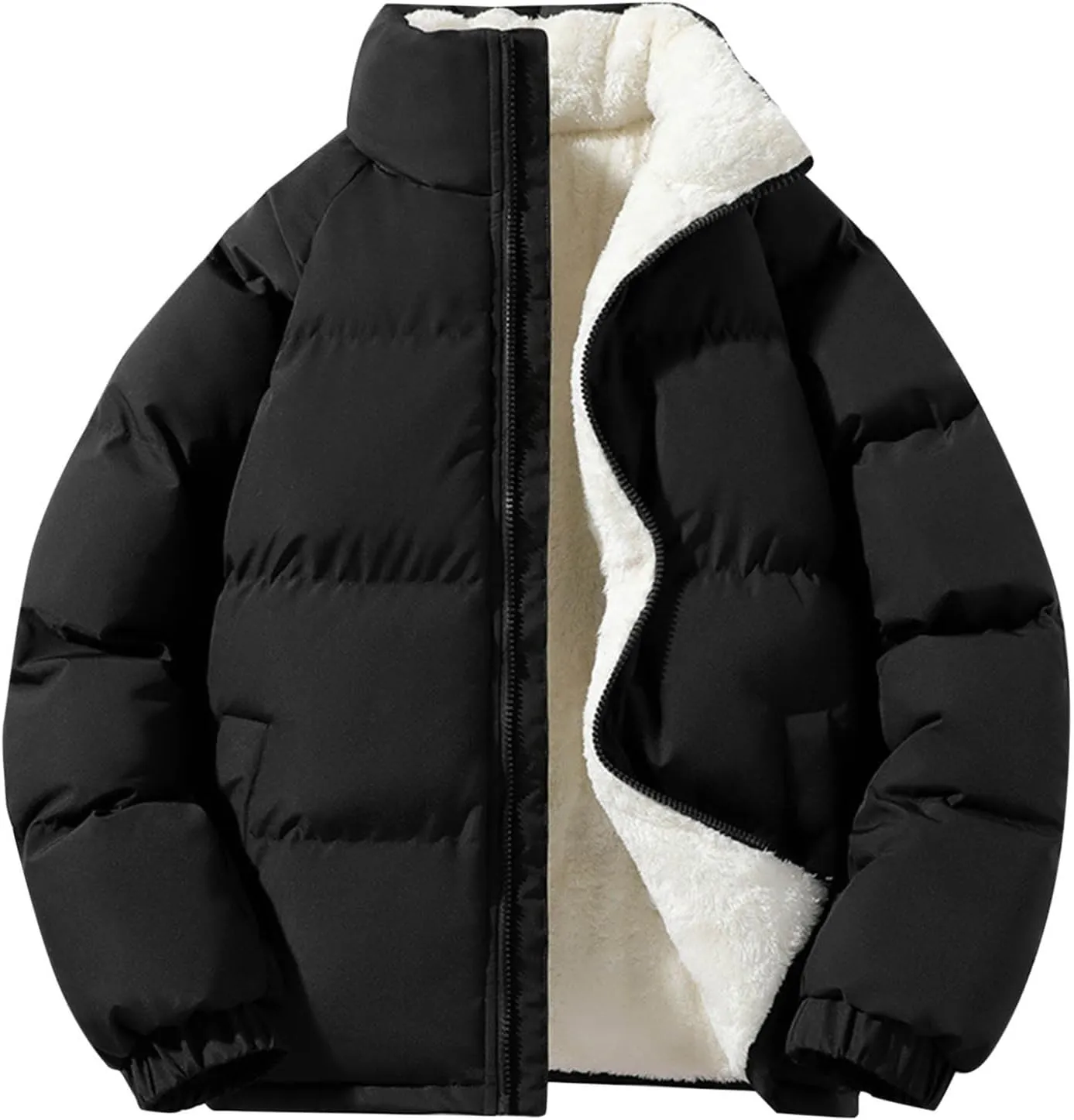 Mens Puffer Jacket Fleece Lined Down Coat Stand Collar Quilted Jacket Padded Insulated Coat Plus Size Winter Jacket