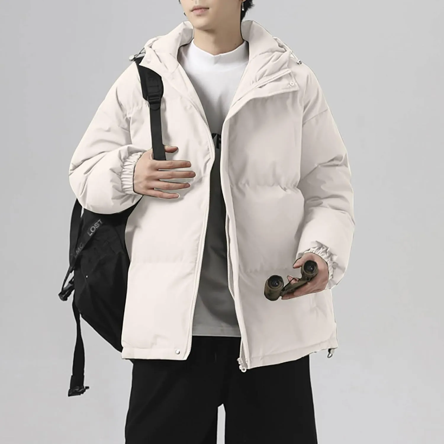 Men's Puffer Jacket Hooded Down Coat Loose Fit Quilted Jacket Zip up Padded Coat Warm Insulated Jackets Winter Outwear