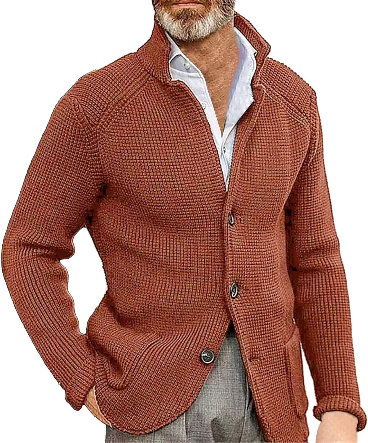 Mens Ribbed Knitted Slim Fit Cardigan Sweater Casual Long Sleeve Button Down Sweaters Stand Collar Basic Cardigans