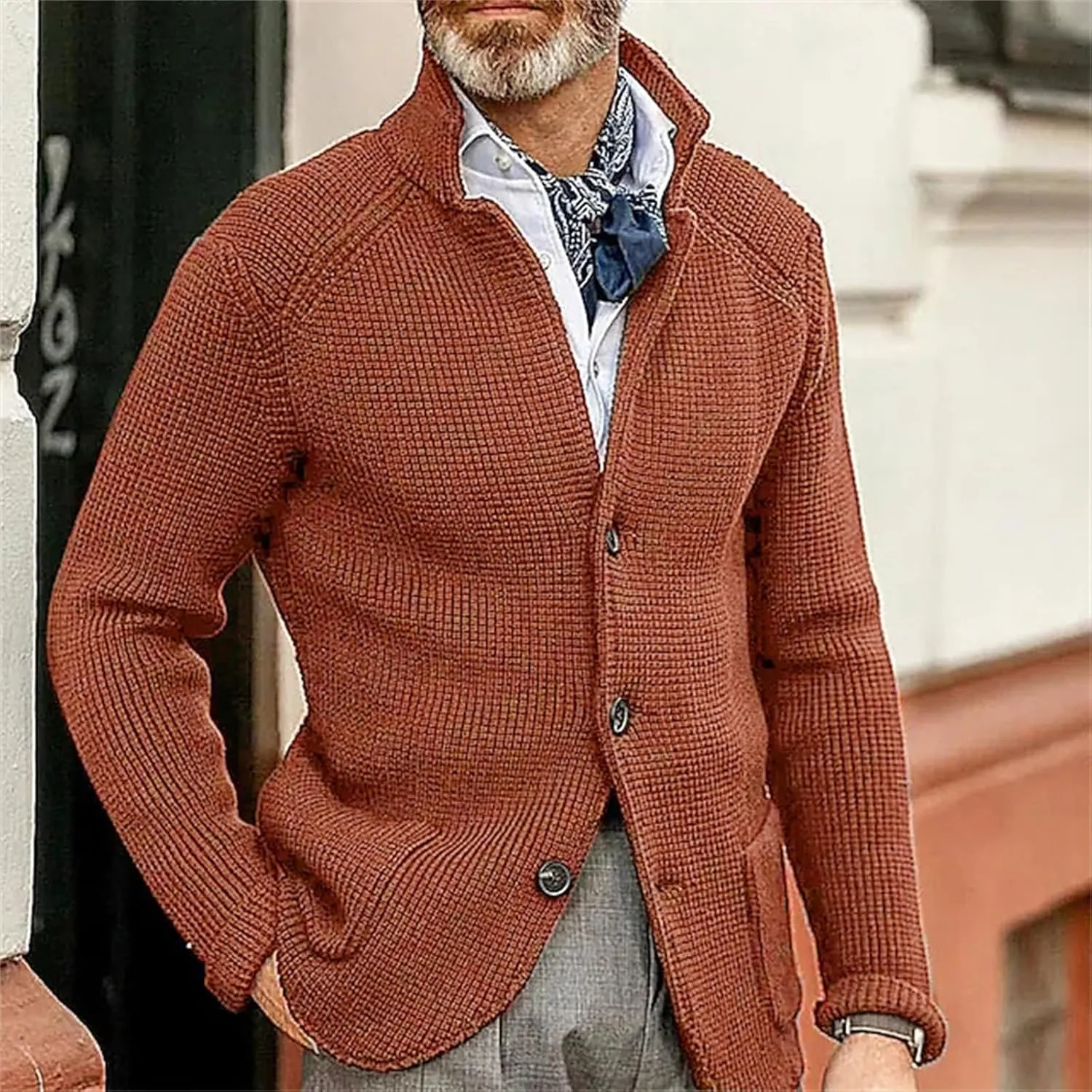 Mens Ribbed Knitted Slim Fit Cardigan Sweater Casual Long Sleeve Button Down Sweaters Stand Collar Basic Cardigans