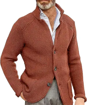 Mens Ribbed Knitted Slim Fit Cardigan Sweater Casual Long Sleeve Button Down Sweaters Stand Collar Basic Cardigans
