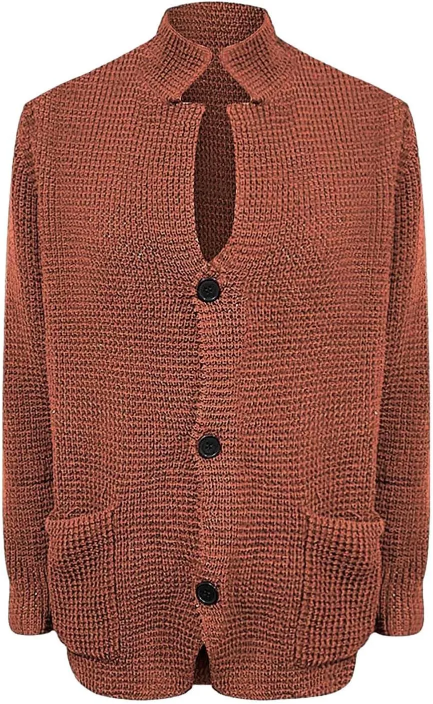 Mens Ribbed Knitted Slim Fit Cardigan Sweater Casual Long Sleeve Button Down Sweaters Stand Collar Basic Cardigans