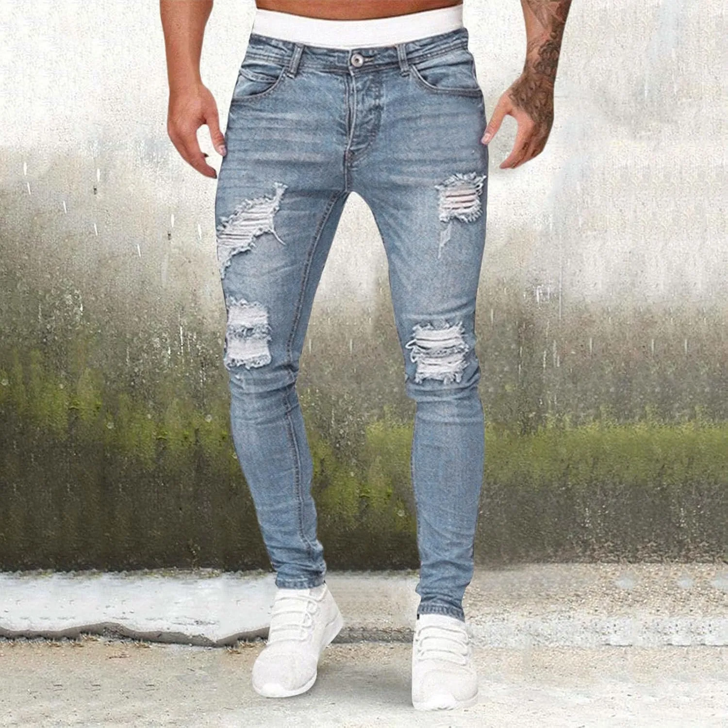 Men's Ripped Jeans Slim Fit Skinny Stretch Jeans Pants Button Zip Off Comfy Denim Pants Slim Fit Tapered Leg Trouser