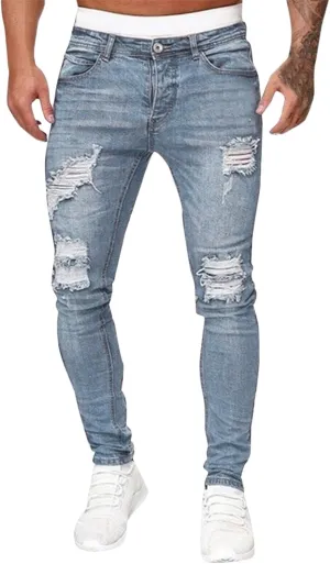 Men's Ripped Jeans Slim Fit Skinny Stretch Jeans Pants Button Zip Off Comfy Denim Pants Slim Fit Tapered Leg Trouser
