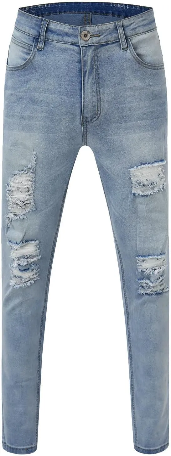 Men's Ripped Jeans Slim Fit Skinny Stretch Jeans Pants Button Zip Off Comfy Denim Pants Slim Fit Tapered Leg Trouser