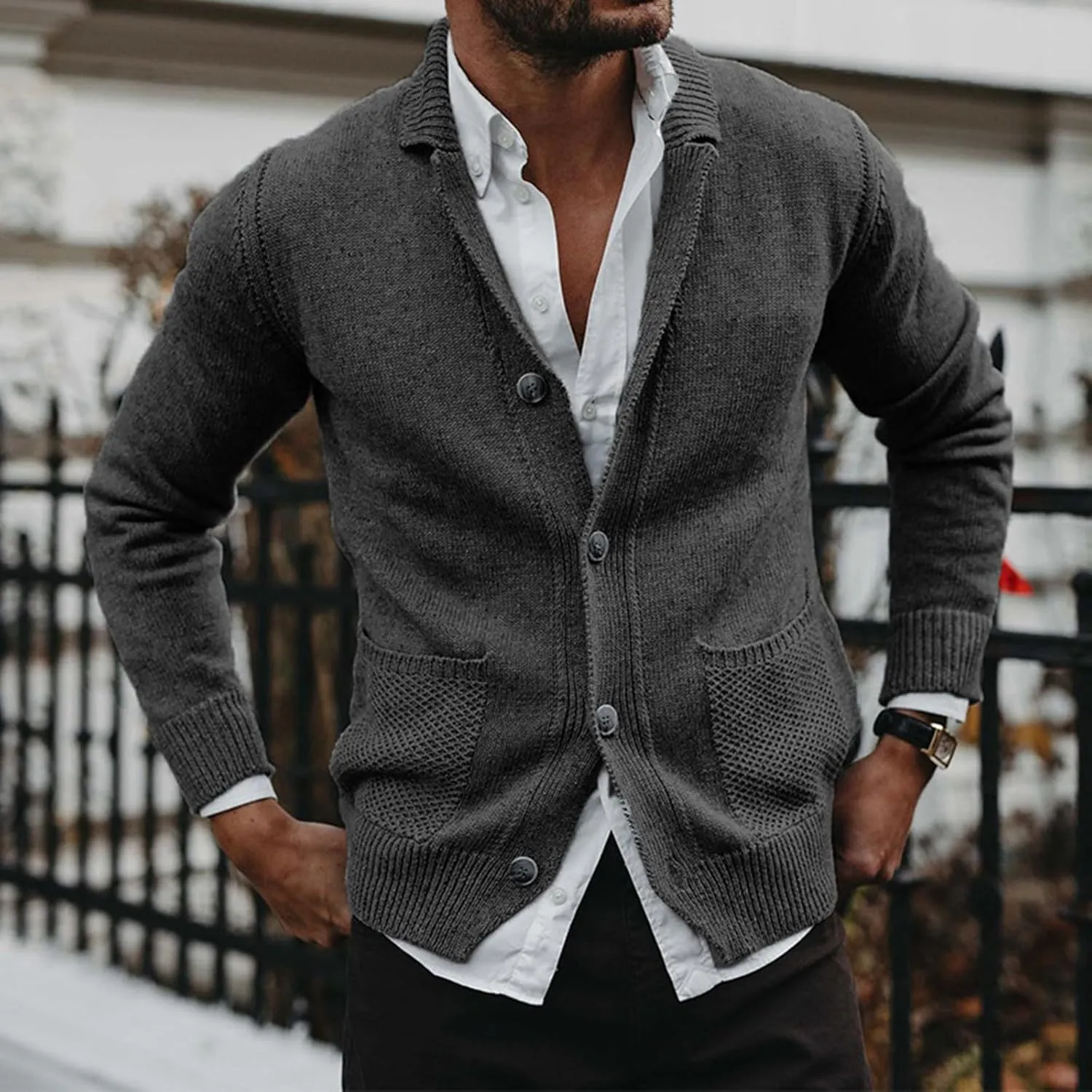 Mens Shawl Collar Casual Knitted Cardigan Sweaters V Neck Long Sleeve Button Down Slim Fit Basic Pointelle Cardigan