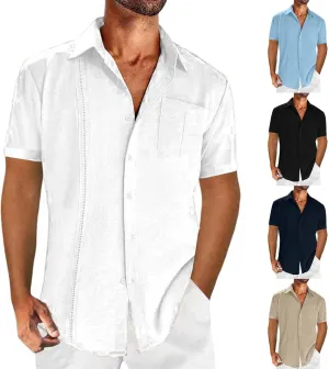 Mens Short Sleeve Cuban Guayabera Shirt Button Down Collared Linen Top Hippie Casual Beach T Shirts Plain Work Tees