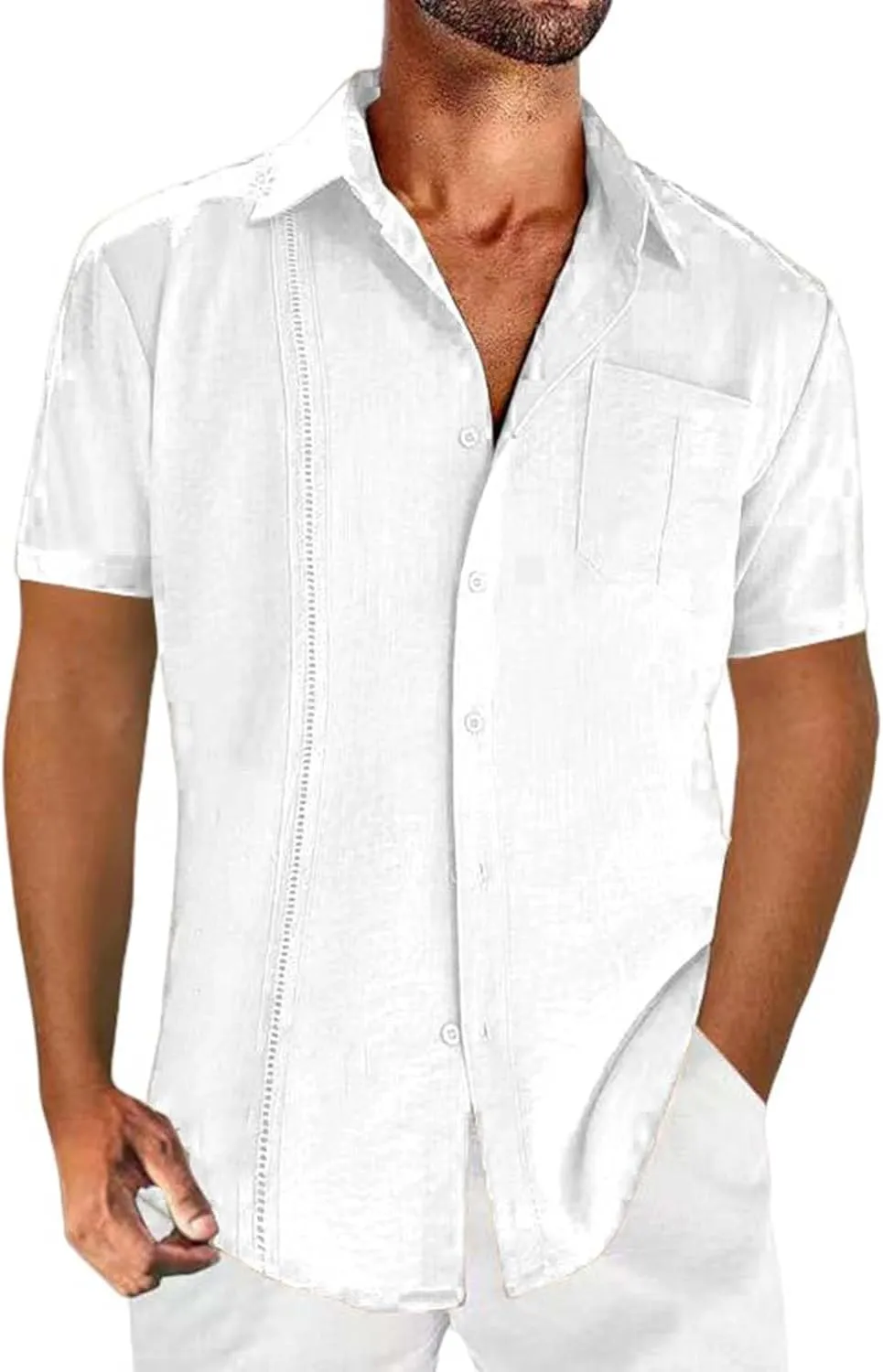Mens Short Sleeve Cuban Guayabera Shirt Button Down Collared Linen Top Hippie Casual Beach T Shirts Plain Work Tees