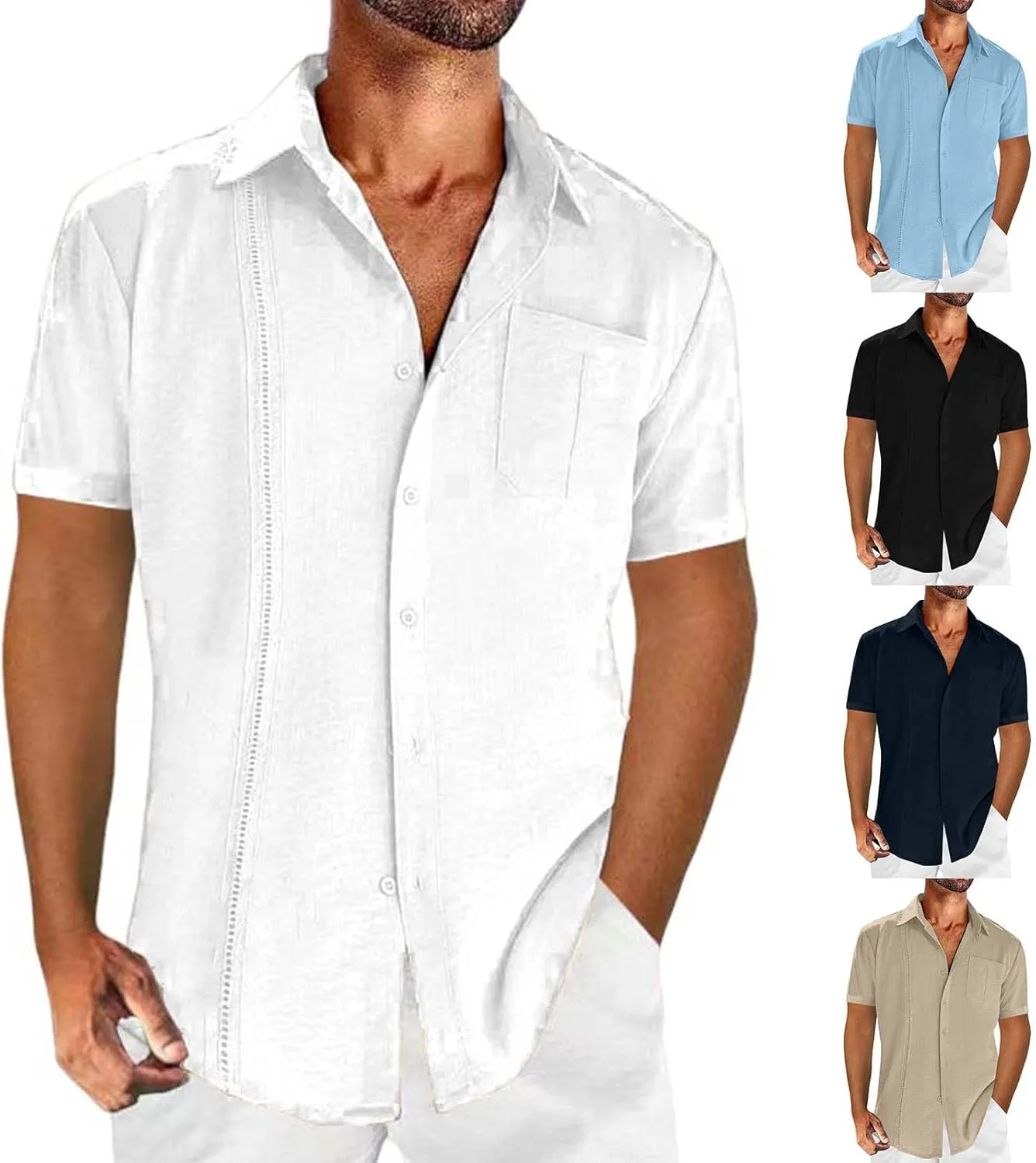 Mens Short Sleeve Cuban Guayabera Shirt Button Down Collared Linen Top Hippie Casual Beach T Shirts Plain Work Tees