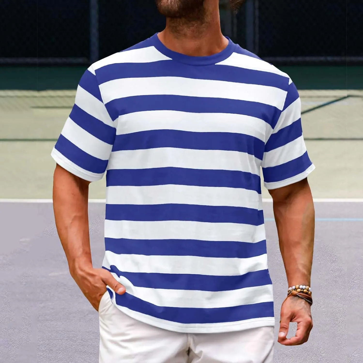 Men's Short Sleeve T-Shirts Trendy Striped Color Block Crew Neck Summer Casual Tops Regular Fit Base Layer Cotton Tees