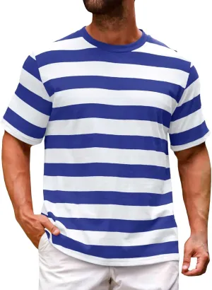 Men's Short Sleeve T-Shirts Trendy Striped Color Block Crew Neck Summer Casual Tops Regular Fit Base Layer Cotton Tees