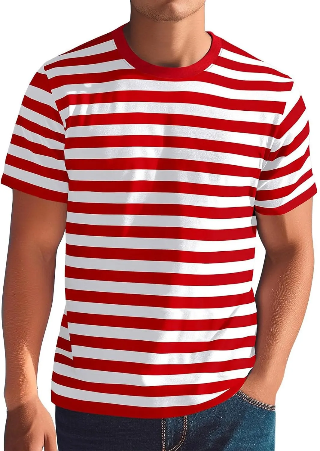 Mens Short Sleeve T-Shirts Trendy Striped Color Block Crewneck Basic Tee Shirt Stretch Summer Beach Vacation Tops