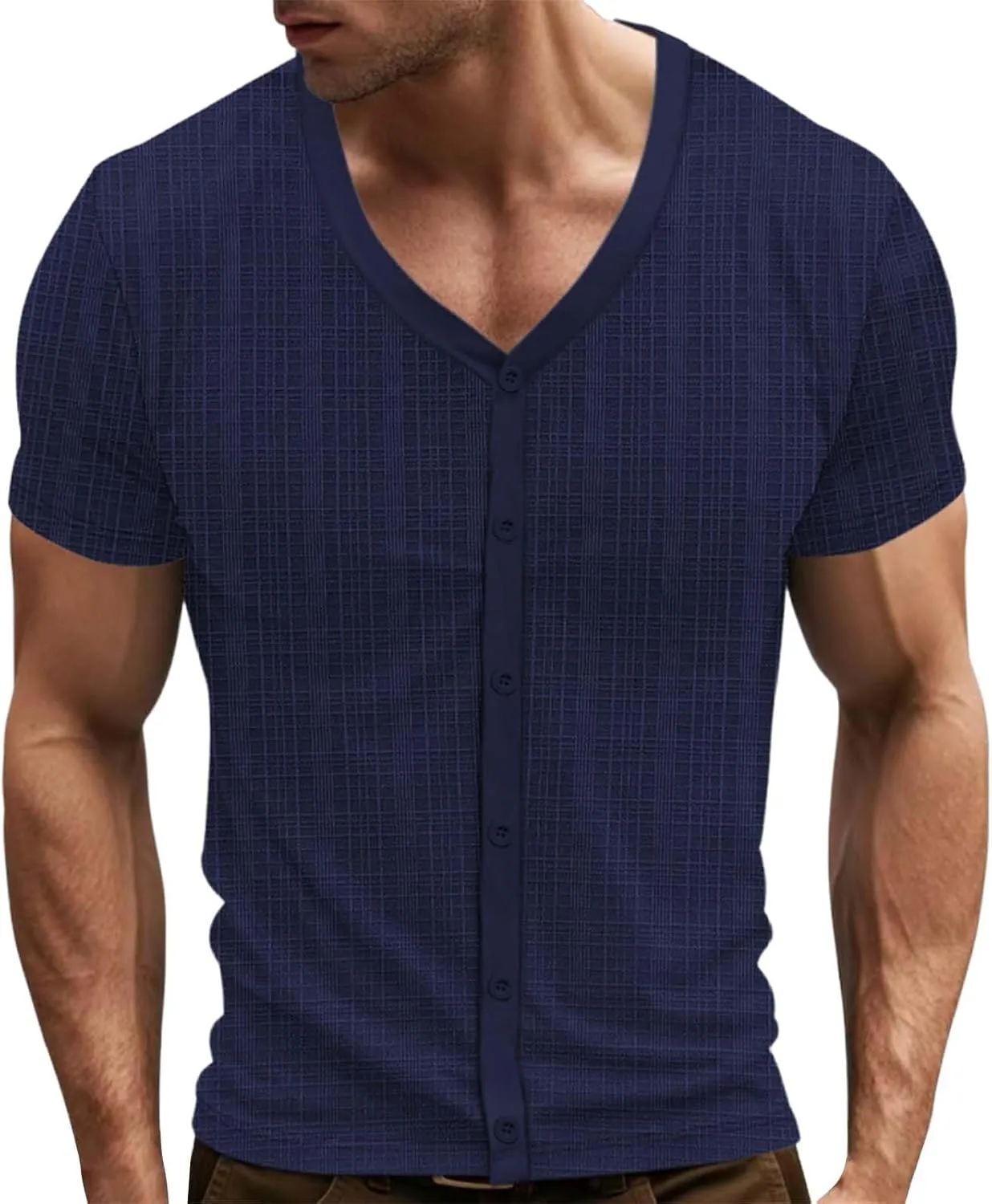 Mens Slim Fit Muscle Cardigans Shirts Sexy V Neck Open Front Button Down Collarless Shirt 2025 Fashion Casual