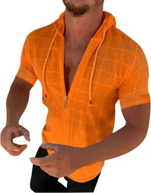 Men's Slim Fit Short Sleeve Hoodies Summer Full Zip Swiss Dot Drawstring Hooded Cardigan Tops Casual Beach T Shirts