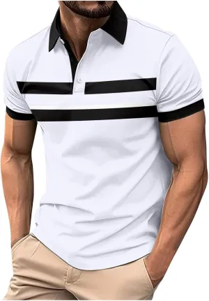 Men's Striped Color Block Polo Shirts Short Sleeve Polo T-Shirts Summer Bussiness Casual Blouse Tops