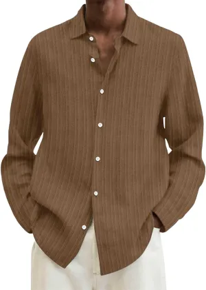 Men's Striped Oxford Shirts Summer Long Sleeve Button Cuban Guayabera Shirt Lightweight Quick Dry Leisure Beach Tops