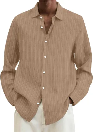 Men's Striped Oxford Shirts Summer Long Sleeve Button Cuban Guayabera Shirt Lightweight Quick Dry Leisure Beach Tops