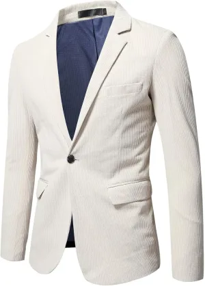 Mens Suits,Men's Casual Corduroy Blazer Jacket One Button Suit Jacket Slim Fit Sport Coat for Autumn Winter