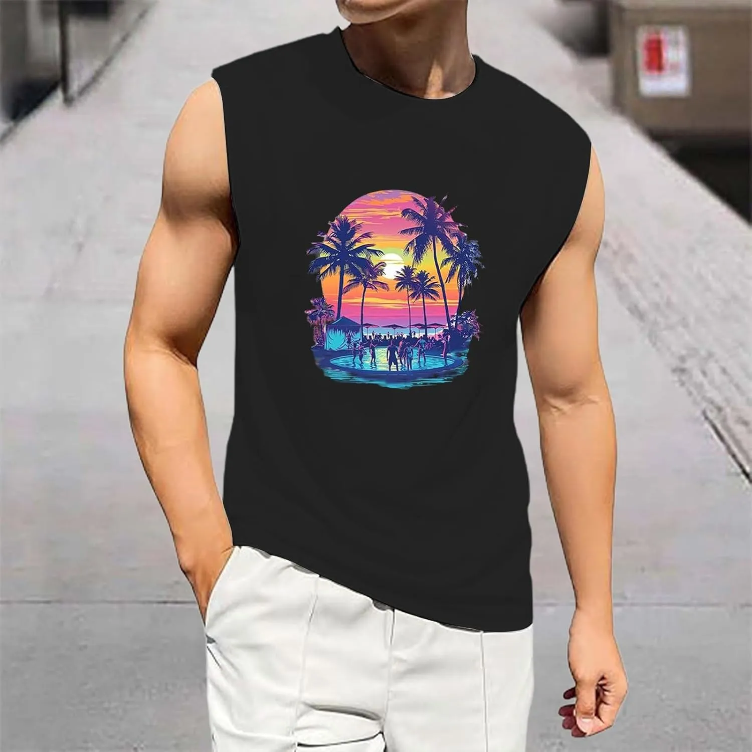 Men's Summer Tank Tops Trendy Gulf of Mexico Print Graphic Tees Tropical Coconut Print Sleeveless Beach Shirt Vests