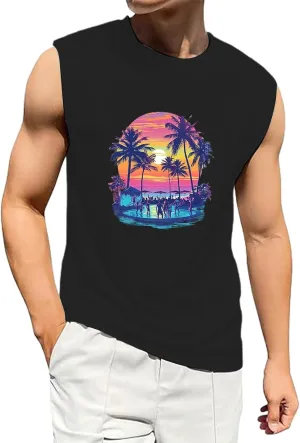 Men's Summer Tank Tops Trendy Gulf of Mexico Print Graphic Tees Tropical Coconut Print Sleeveless Beach Shirt Vests