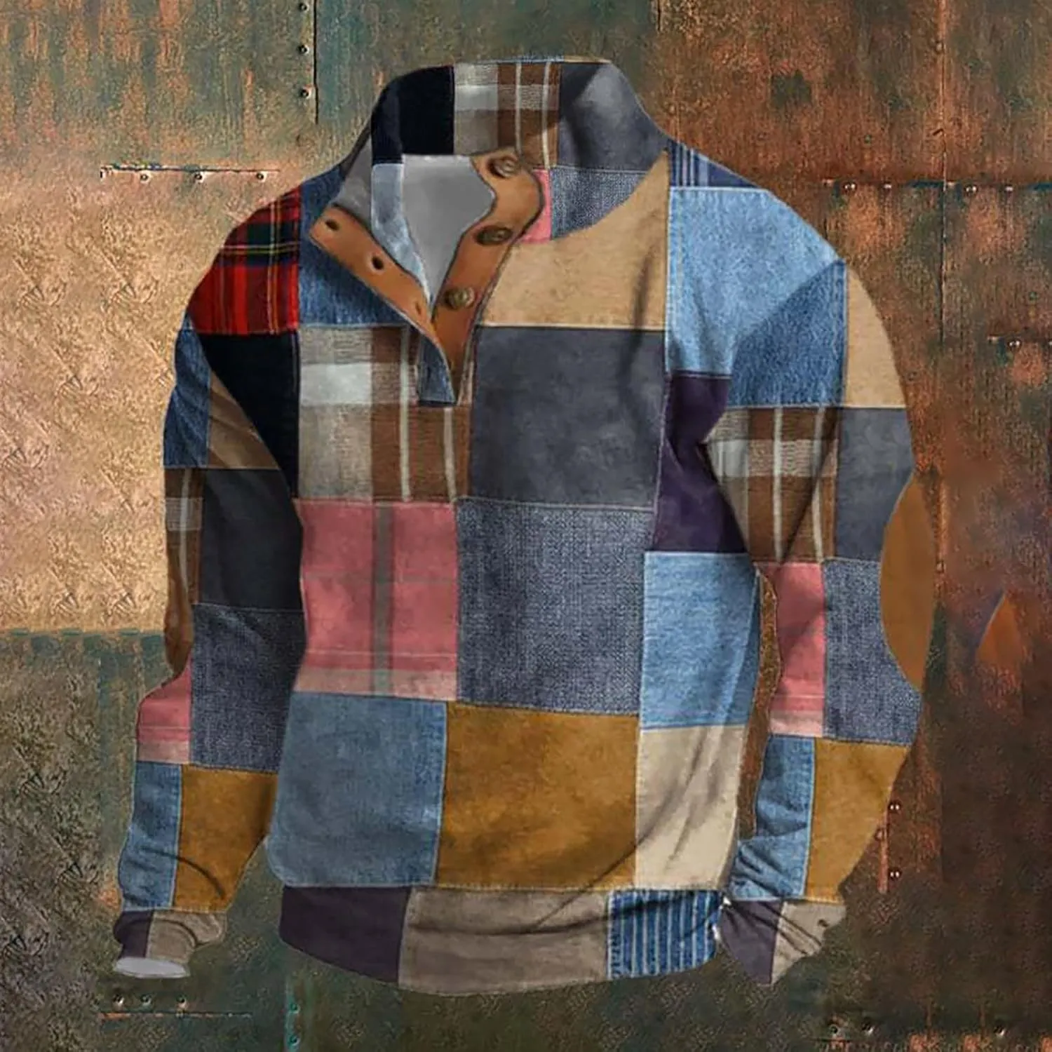 Men's Sweatshirt Loose 3D Printed Stand Collar Button Long Sleeve Hoodie Comfortable Men's Sweatshirt Hoodie Mens