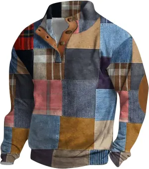 Men's Sweatshirt Loose 3D Printed Stand Collar Button Long Sleeve Hoodie Comfortable Men's Sweatshirt Hoodie Mens
