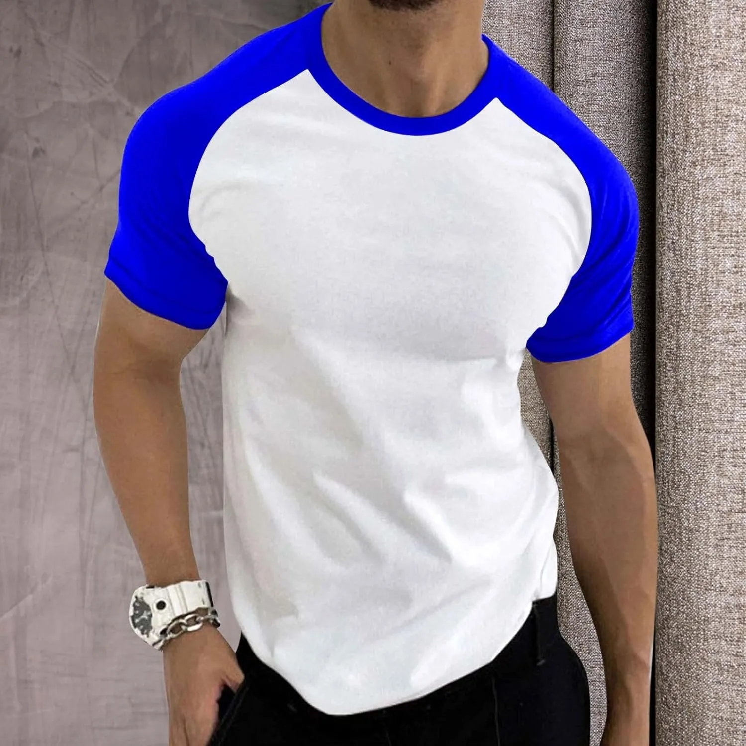 Men's T-Shirts Raglan Short Sleeve Casual Summer Slim Fit Muscle Workout Cooling Plain T-Shirt Basic Soft Cotton Tshirts