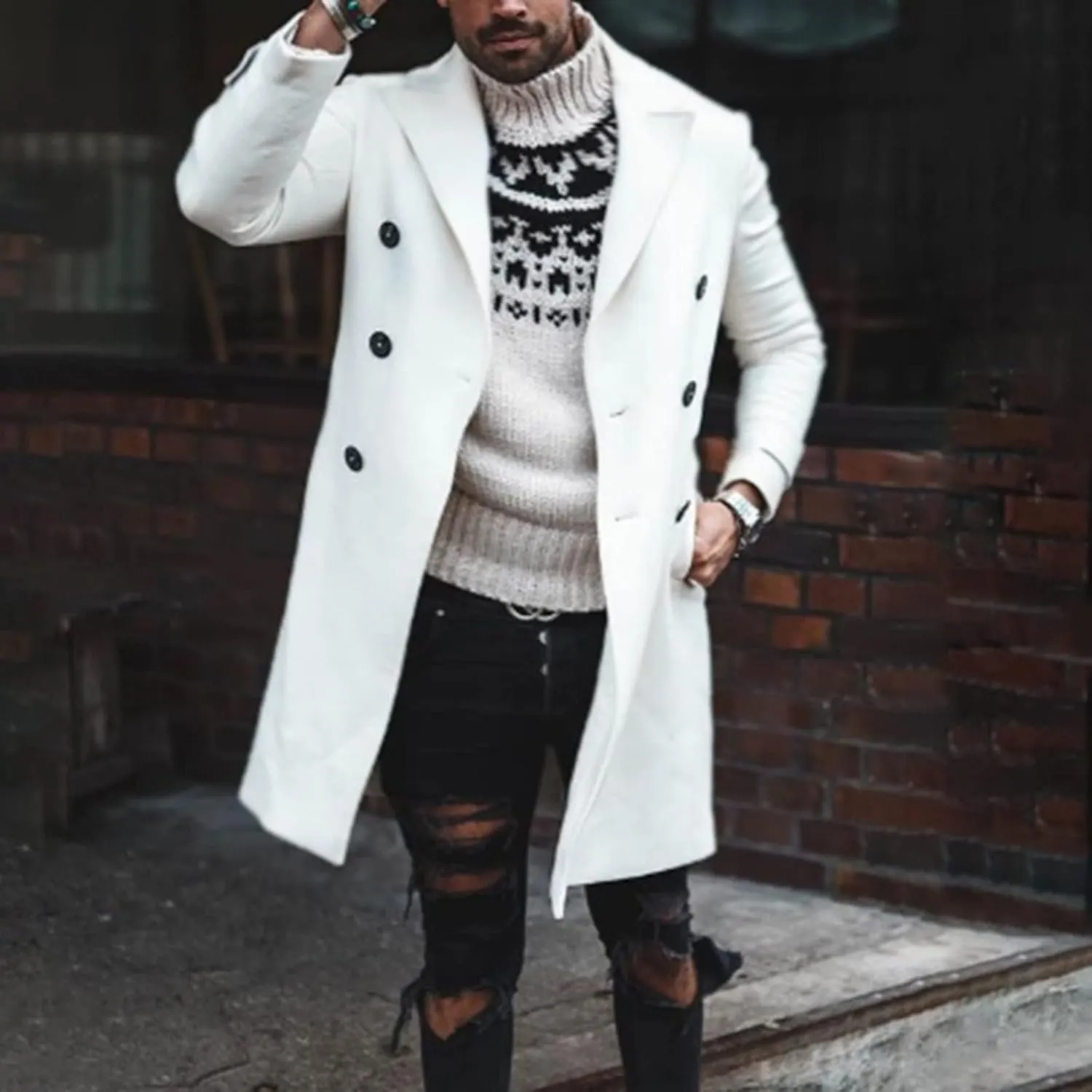 Mens Trench Coat Notched Collar Single Breasted Peacoat Winter Overcoat With Pockets Windbreaker Warm Jackets