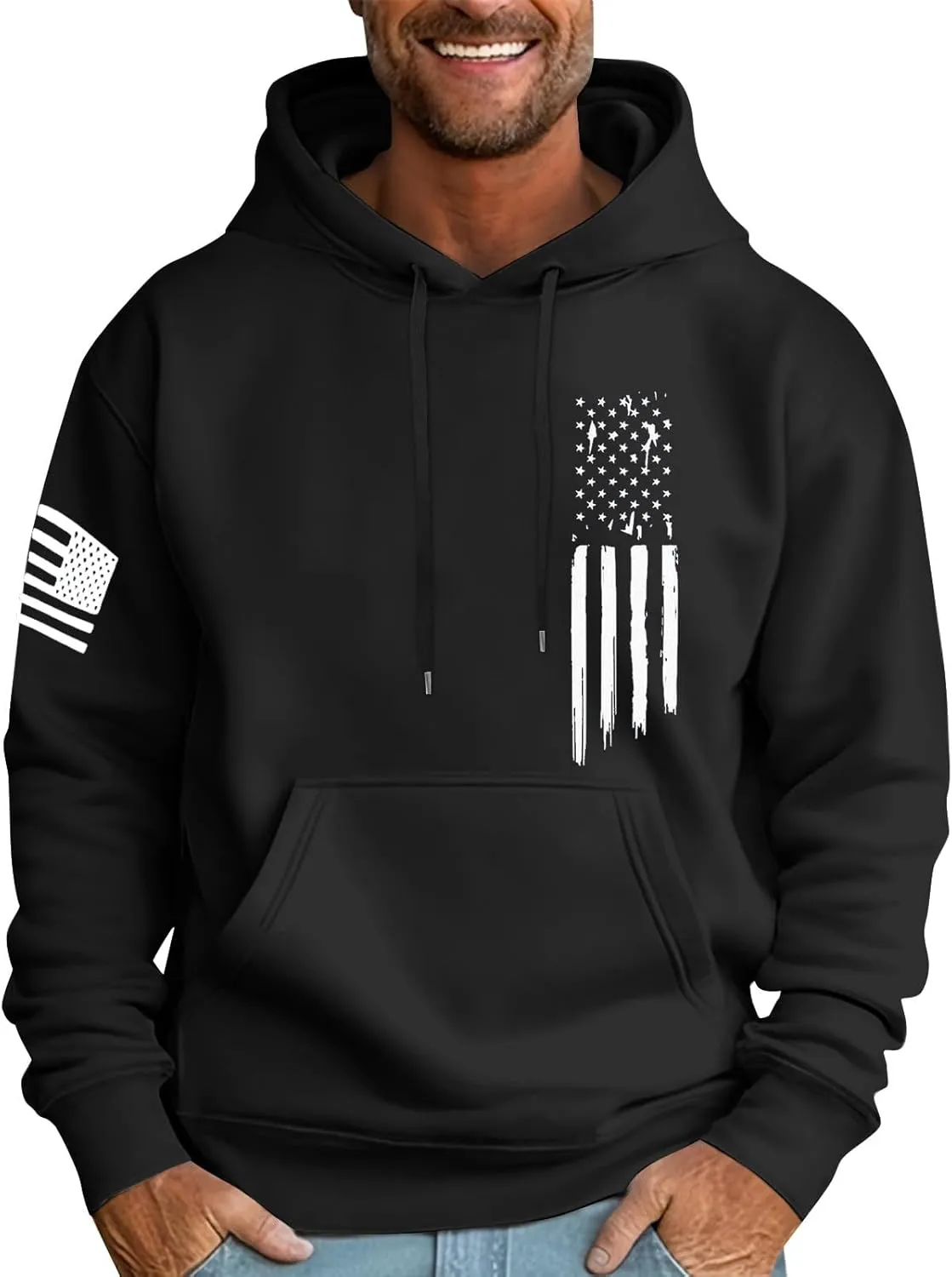 Men's Trendy Hoodies Oversized Sweatshirts Drawstring Fall Hooded Long Sleeve USA Flag Printed Hoodie with Pockets
