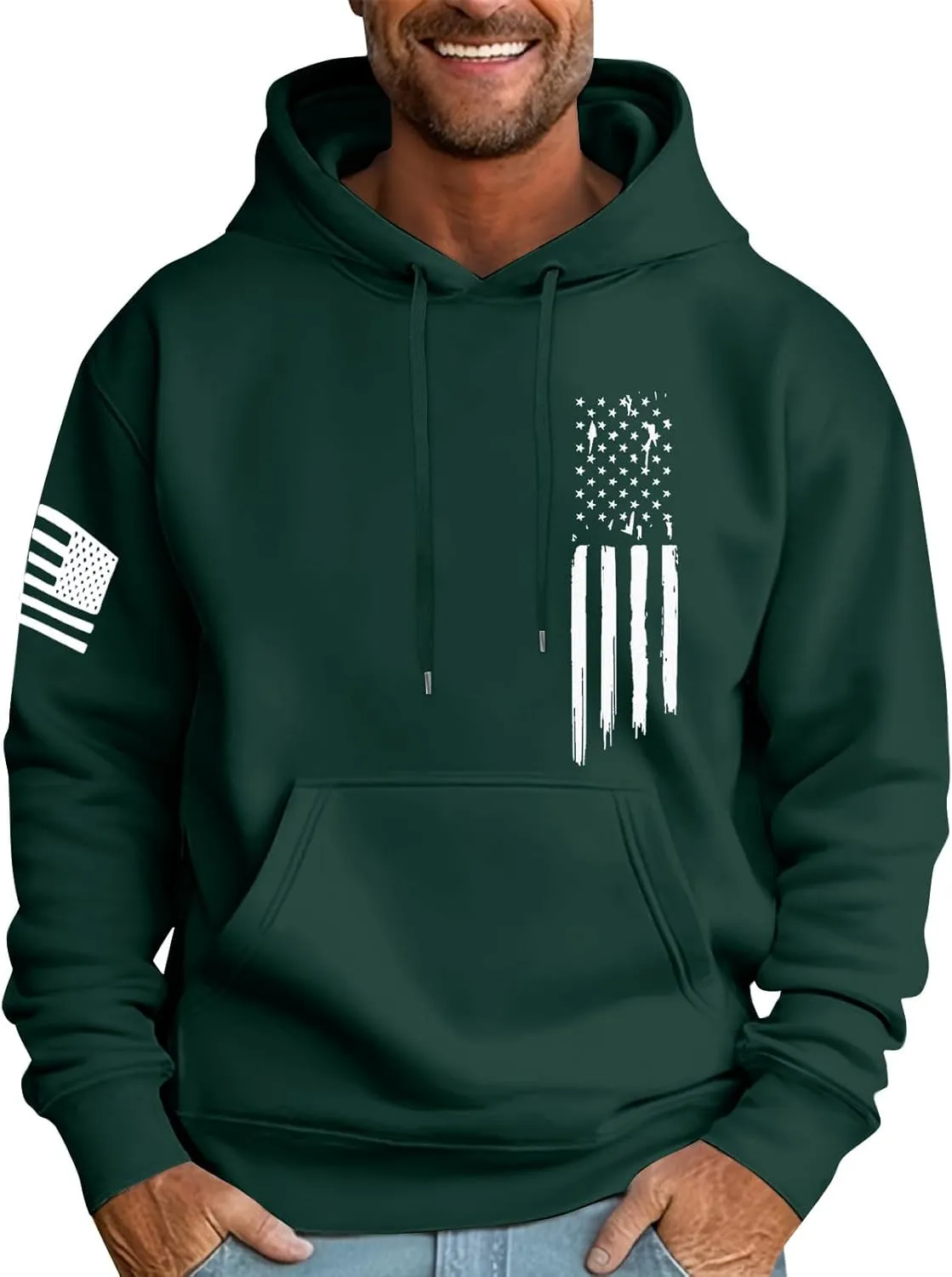 Men's Trendy Hoodies Oversized Sweatshirts Drawstring Fall Hooded Long Sleeve USA Flag Printed Hoodie with Pockets