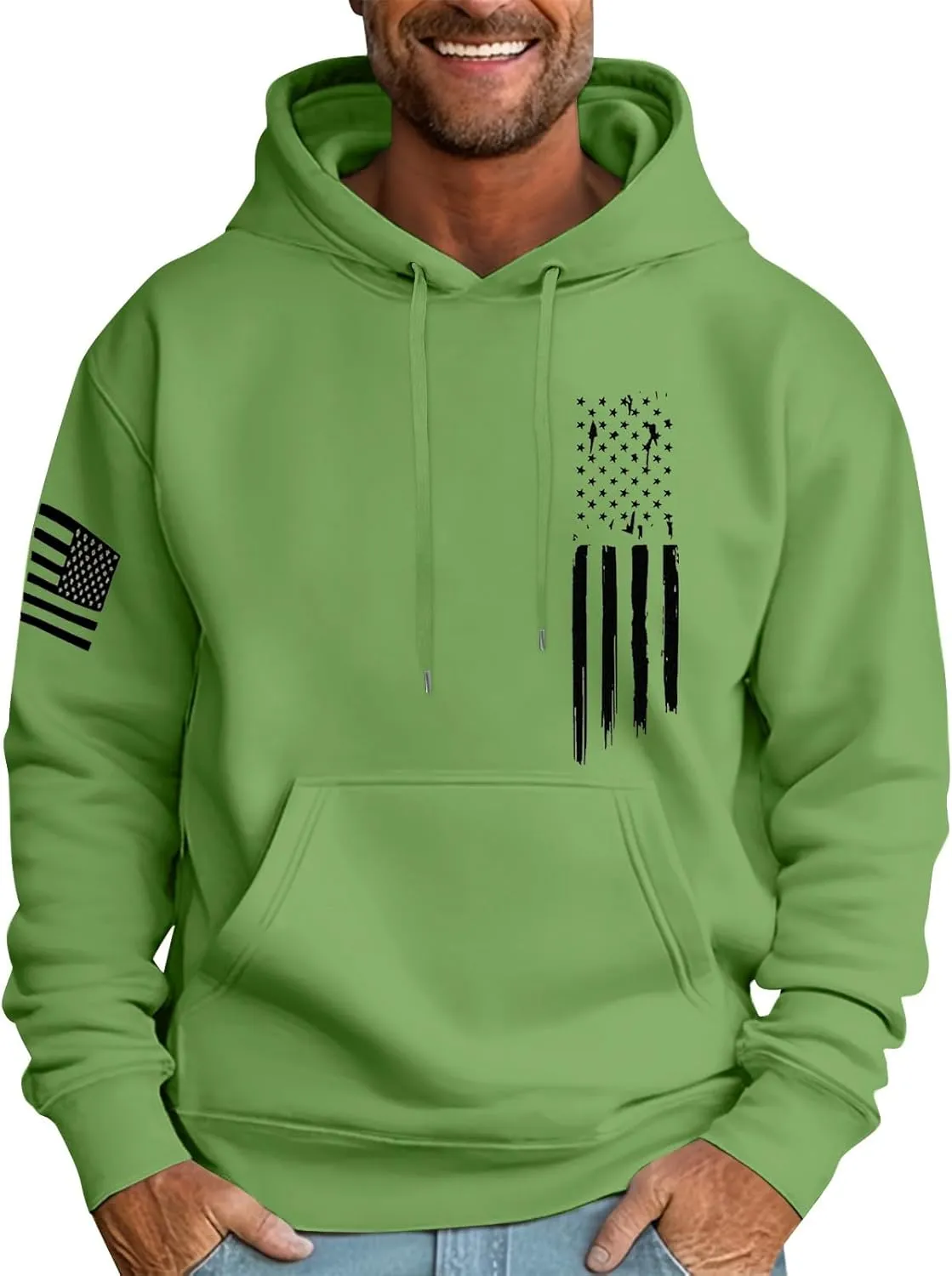 Men's Trendy Hoodies Oversized Sweatshirts Drawstring Fall Hooded Long Sleeve USA Flag Printed Hoodie with Pockets