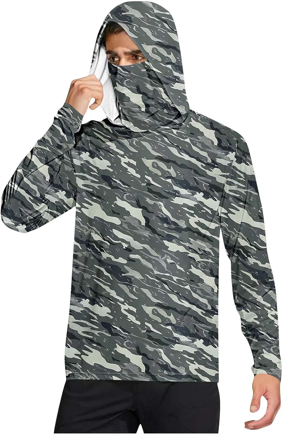 Mens UPF 50  Fishing Shirts Tops Long Sleeve UV Sun Protection Rash Guard Lightweight Sun Hoodie with Face Mask