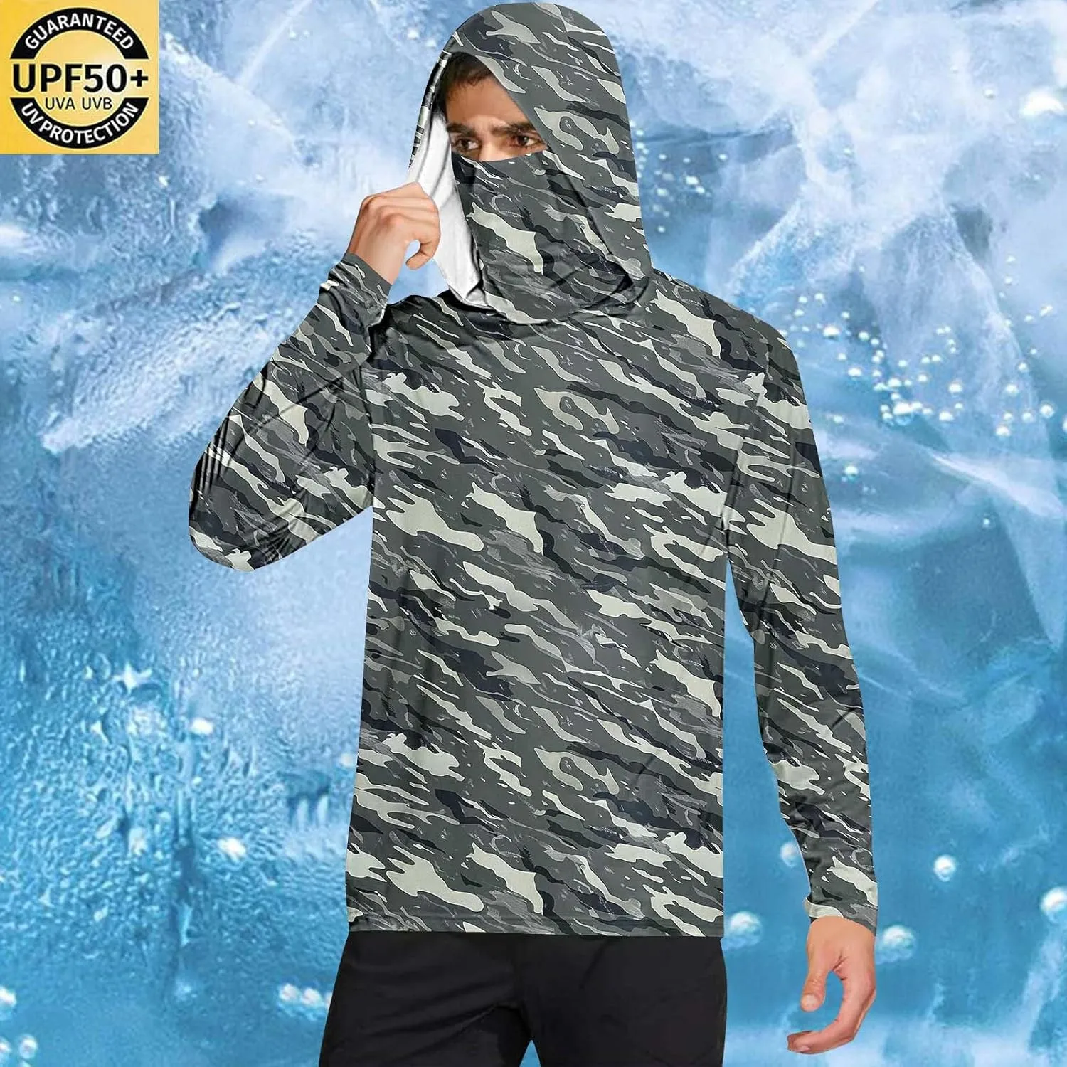 Mens UPF 50  Fishing Shirts Tops Long Sleeve UV Sun Protection Rash Guard Lightweight Sun Hoodie with Face Mask