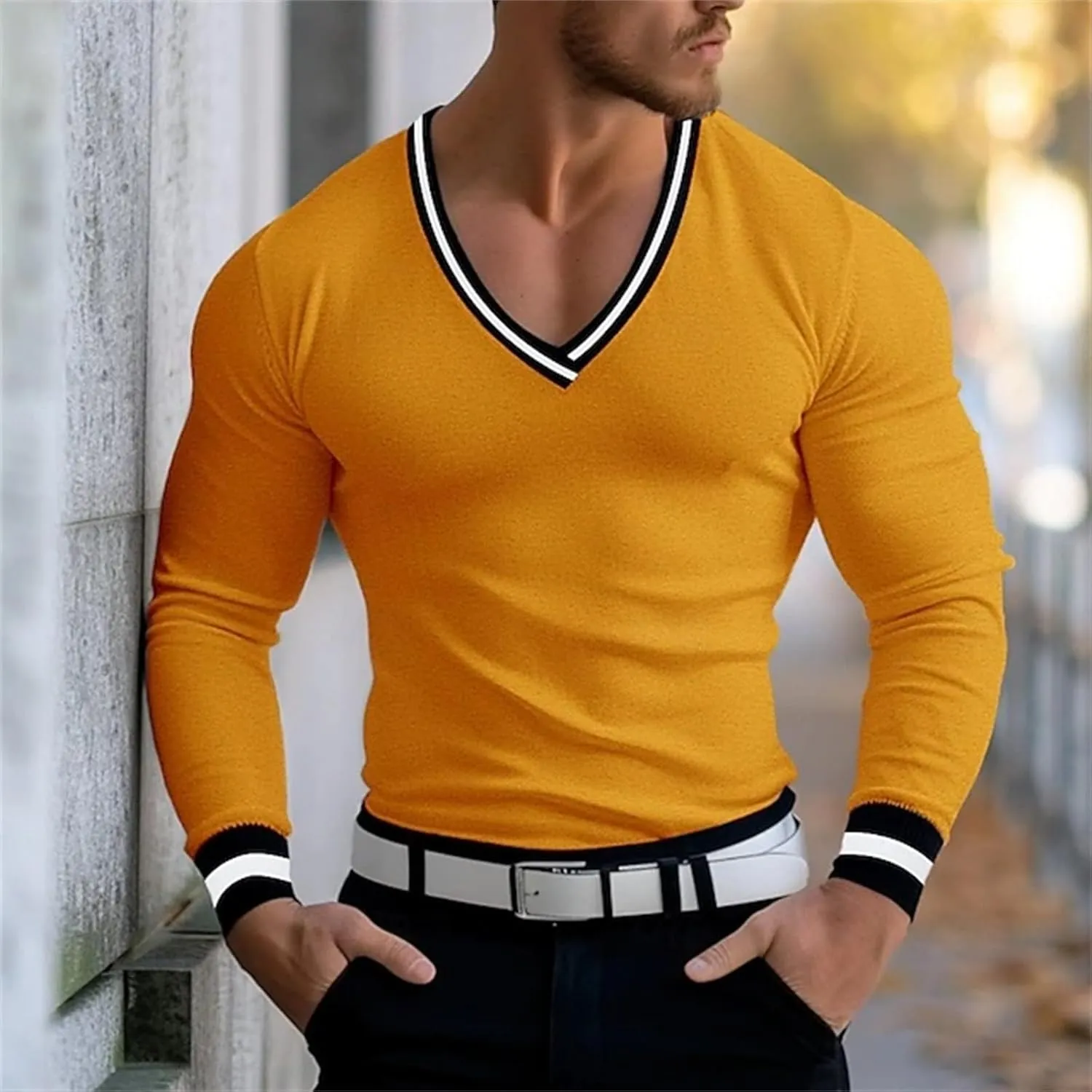 Mens V Neck Low Cut Stretch Muscle Basic Pullover Shirts Tops Slim Fit Thermal Long Sleeve Casual Grunge Sweater