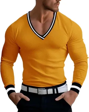 Mens V Neck Low Cut Stretch Muscle Basic Pullover Shirts Tops Slim Fit Thermal Long Sleeve Casual Grunge Sweater
