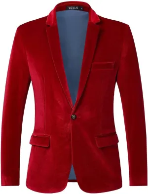 Mens Velvet Blazer One Button Slim Fit Casual Sport Coat Long Sleeve Suit Jacket Dinner Party Prom Wedding Tuxedo