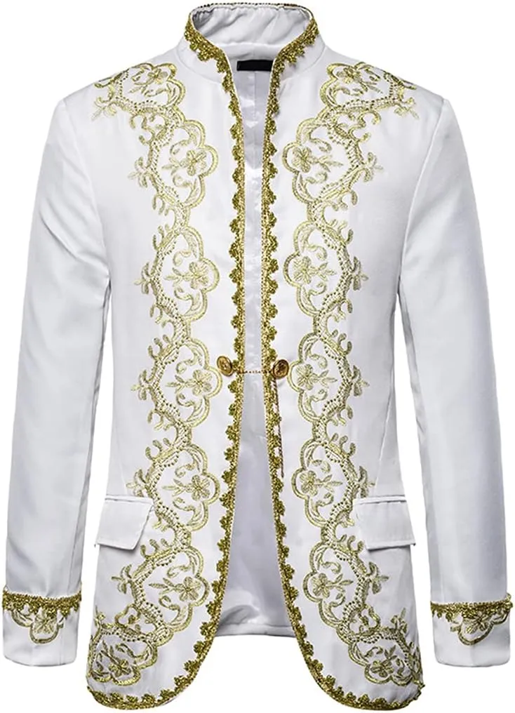 Mens White Embroidery Suit Jacket Slim Fit Stand Collar Baroque Blazer