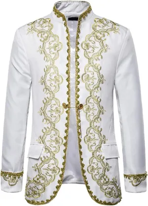 Mens White Embroidery Suit Jacket Slim Fit Stand Collar Baroque Blazer