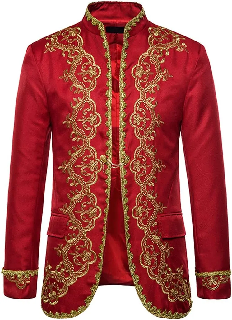Mens White Embroidery Suit Jacket Slim Fit Stand Collar Baroque Blazer