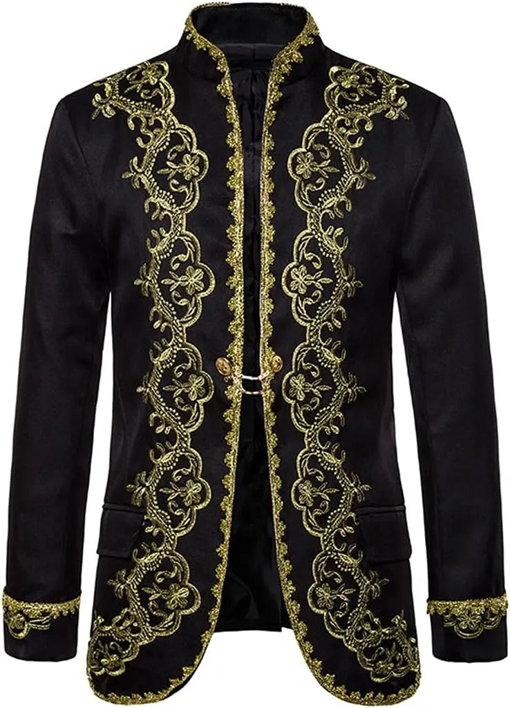Mens White Embroidery Suit Jacket Slim Fit Stand Collar Baroque Blazer